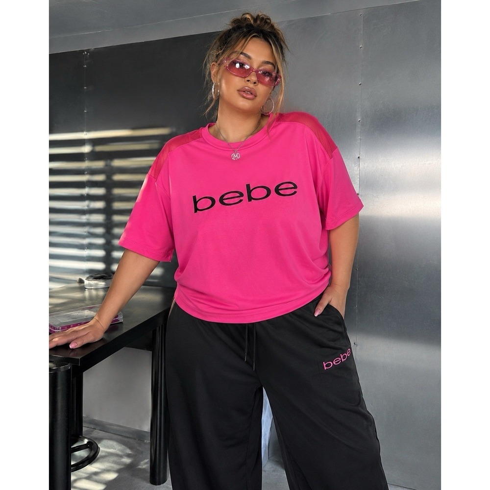 Bebe Sport XL Hot Pink Mesh Logo‎ Active Top Y2K Barbiecore Athleisure Gym Tee